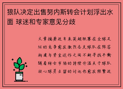 狼队决定出售努内斯转会计划浮出水面 球迷和专家意见分歧 狼队决定出售努内斯转会计划浮出水面 球迷和专家意见分歧