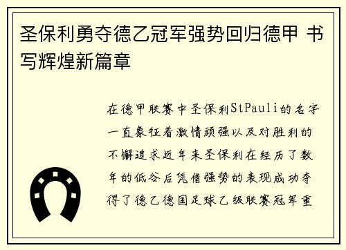 圣保利勇夺德乙冠军强势回归德甲 书写辉煌新篇章
